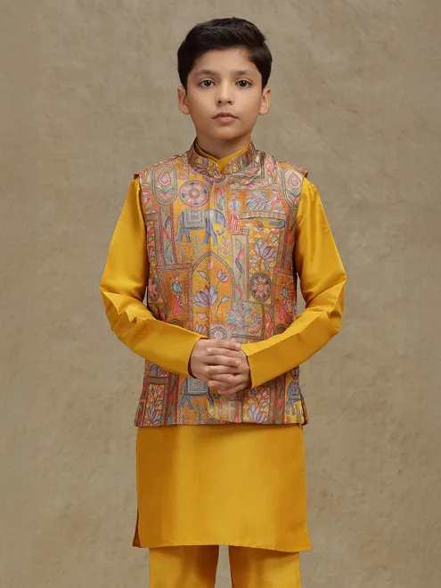 Yellow printed silk waistcoat set for boys