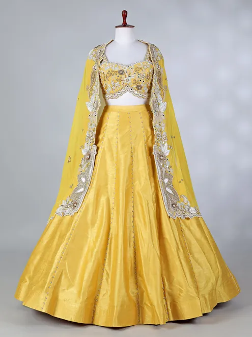 Yellow raw silk designer haldi lehenga choli with dupatta