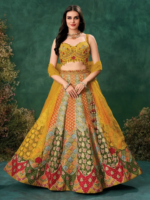 Yellow raw silk lehenga choli for haldi