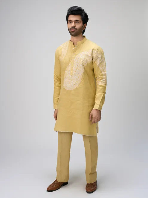 Yellow resham linen kurta pajama ensemble