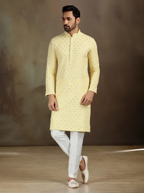 Yellow royan kurta set with subtle shine