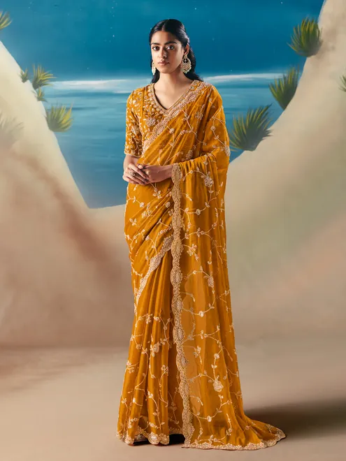 Yellow satin organza haldi ceremony saree
