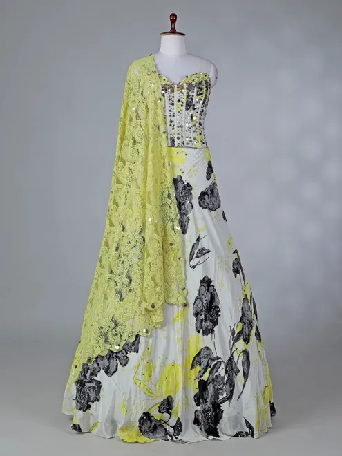 Yellow satin silk lehenga choli with floral print