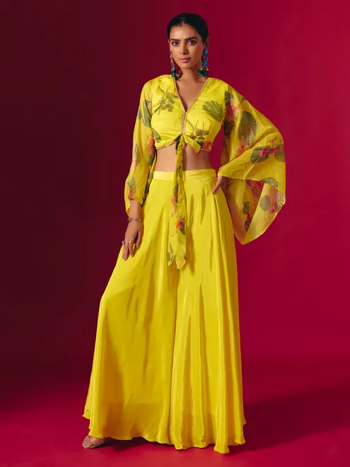 Yellow satin silk printed festive palazzo suit
