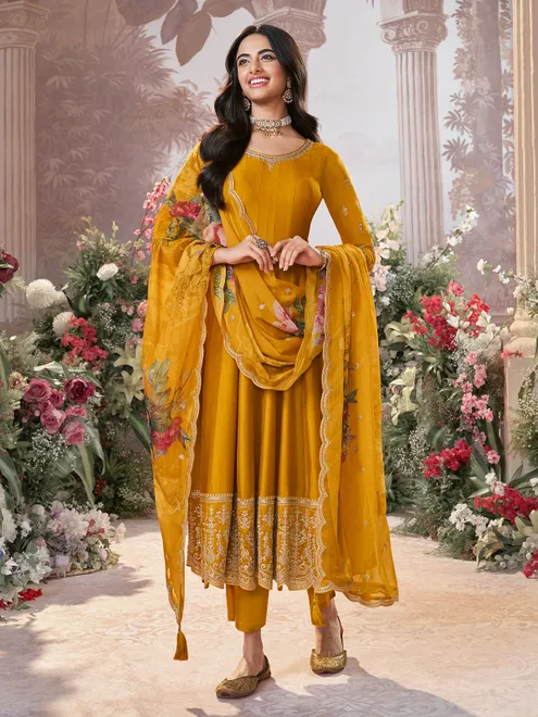 Yellow silk anarkali suit with printed dupatta