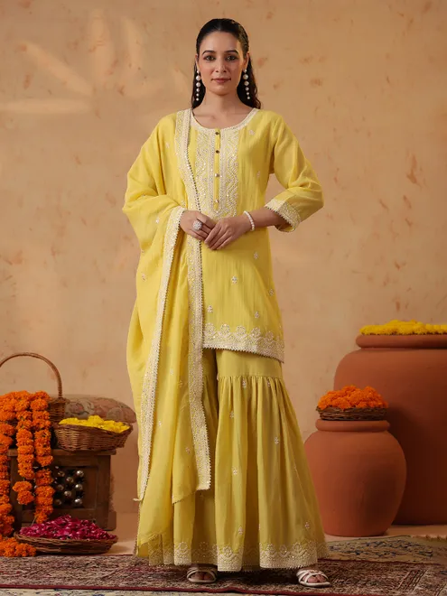 Yellow silk haldi sharara set with dupatta