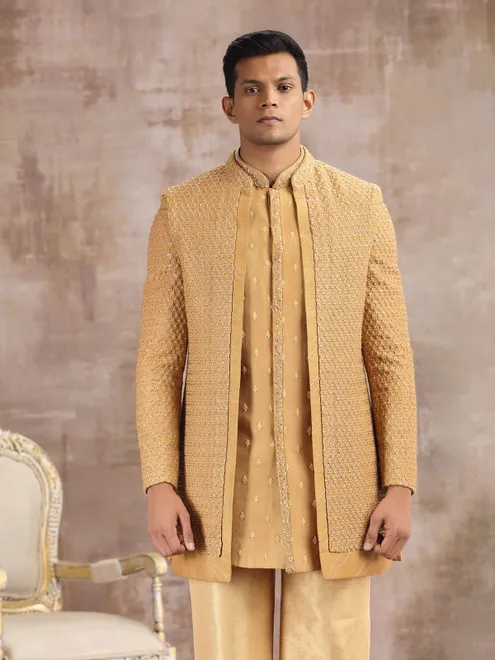 Yellow silk indo western for wedding wear