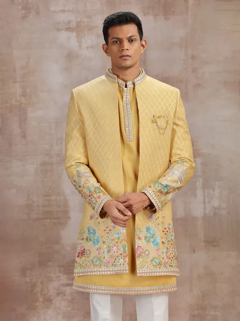 Yellow silk indo western with embroidery work