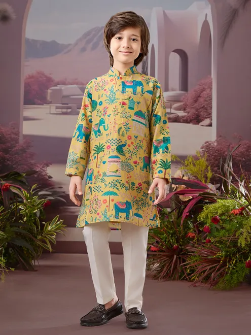 Yellow silk kurta set with vibrant prints