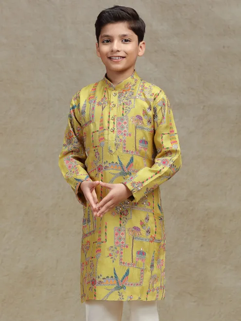 Yellow silk kurta suit for boys with print