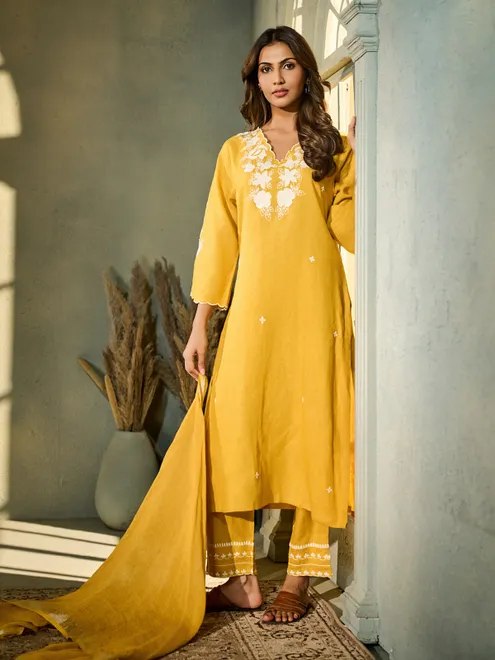 Yellow silk kurti set for women festive wear