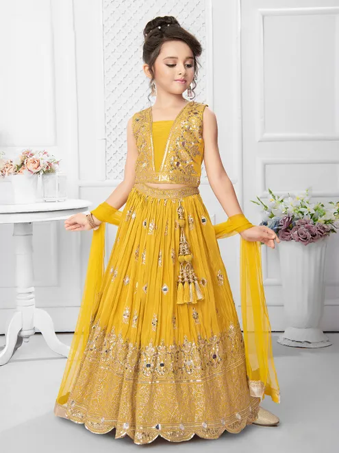 Yellow silk mirror worked lehenga choli