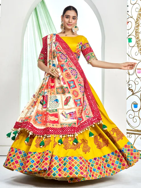 Yellow silk navratri lehenga choli with bold dupatta