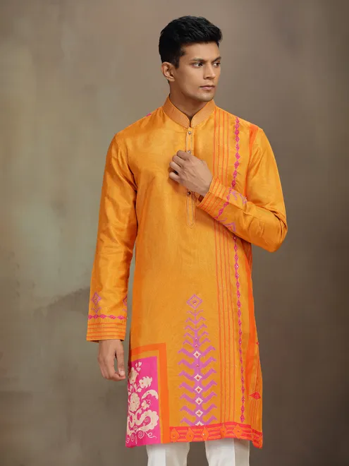 Yellow silk printed kurta suit with resham and sequins work