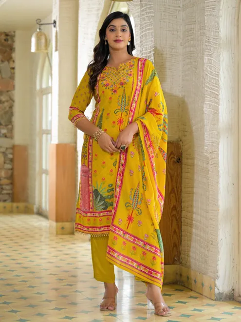 Yellow silk printed kurti set for haldi celebration