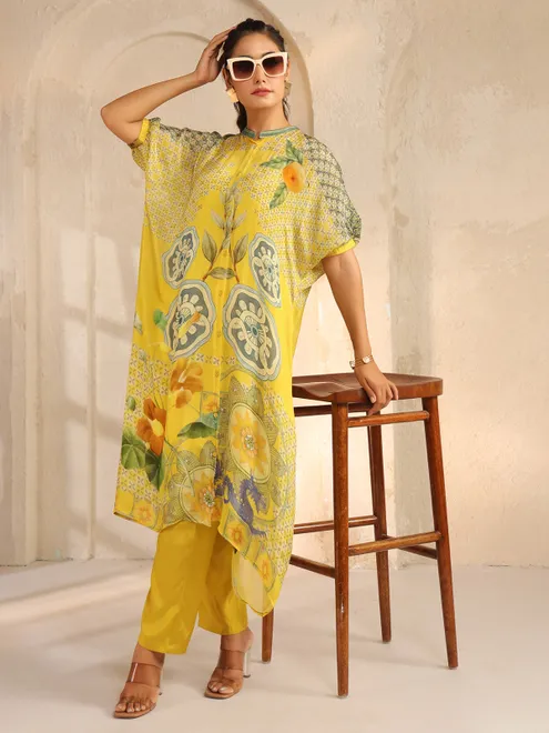Yellow silk printed kurti set with cutdana work