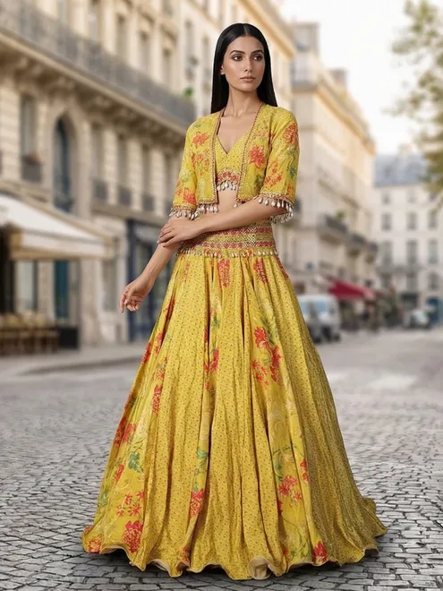 Yellow silk printed lehenga choli with short jacket