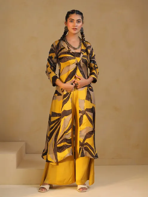 Yellow silk printed palazzo set with long jacket