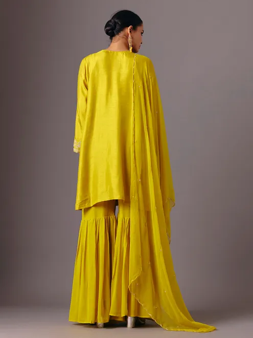 Yellow silk round neck traditional sharara suit