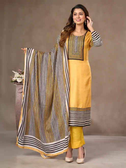Yellow silk salwar suit with aabla and resham work
