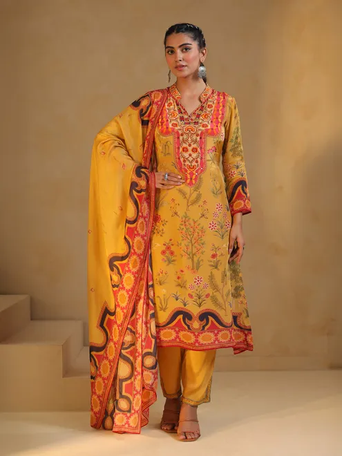 Yellow silk salwar suit with atrractive print