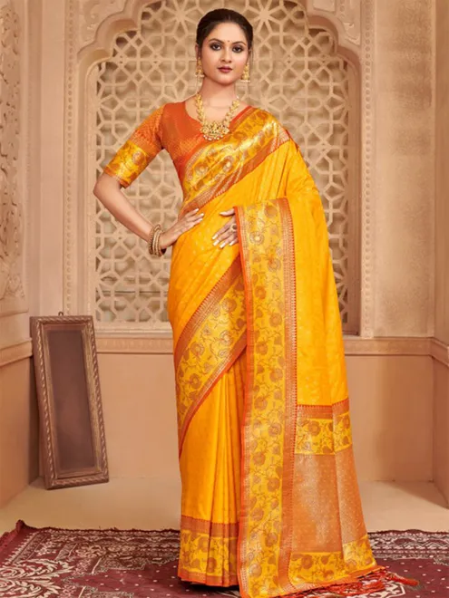Yellow silk saree with colorful motifs