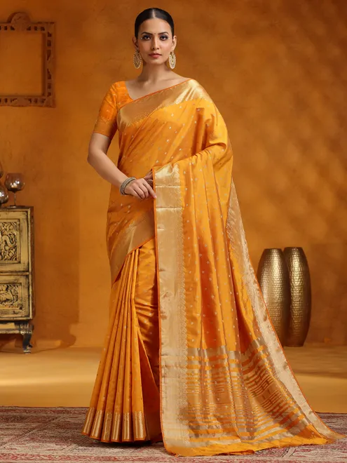 Yellow silk saree with stunning zari work