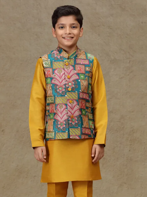 Yellow silk waistcoat set with print for boys