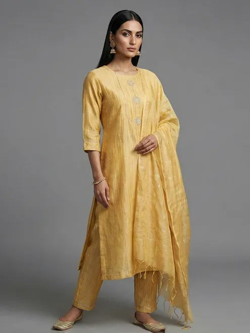 Yellow silk zardosi work straight festive salwar suit