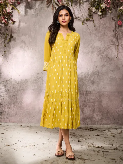 Yellow thread worked cotton dress for women