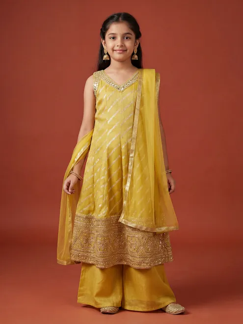 Yellow tissue silk anarkali palazzo suit with dupatta