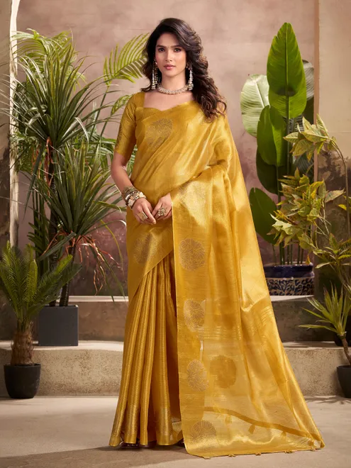 Yellow tissue silk saree for festival