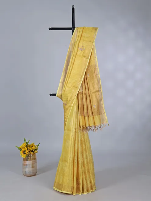 Yellow tissue silk saree with thread and sequins work