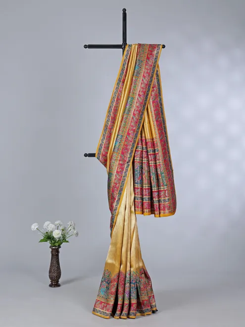 Yellow tissue silk wedding wear with colorful motif weaving