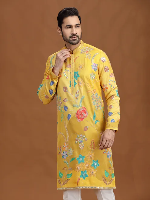 Yellow viscose embroidered kurta suit for haldi