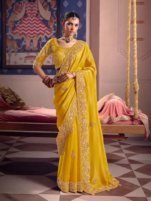 Yellow viscose tissue silk saree