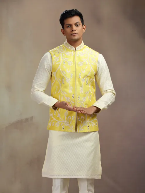 Yellow waistcoat set in banarasi silk