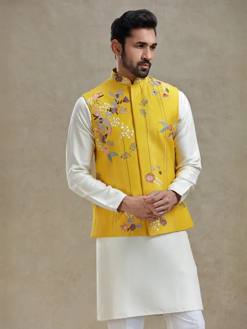 Yellow waistcoat set in embroidery work