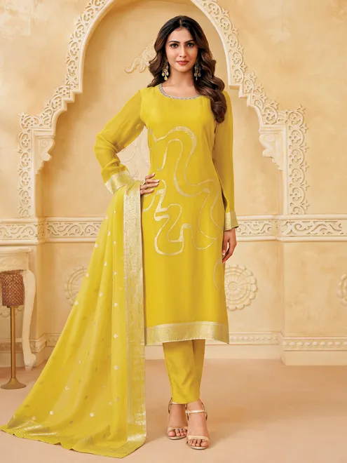 Yellow zari worked chiffon salwar suit