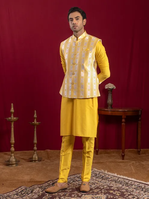 Yellow zari worked cotton silk waistcoat set