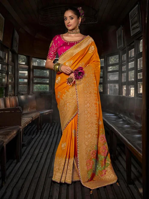 Yellow zari worked saree in soft dola silk