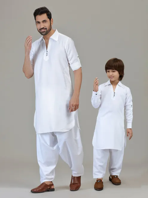 White cotton silk pathani kurta suit for festive celebration