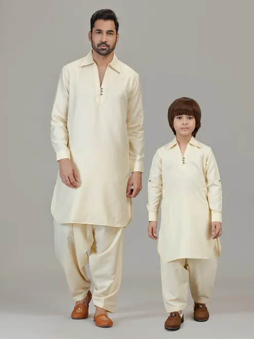 Elegant cream cotton blend pathani suit with pocket