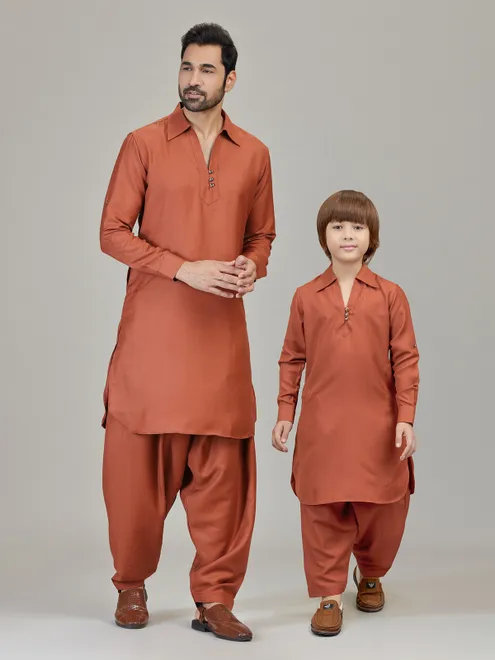 Rust orange eid special cotton silk pathani kurta suit