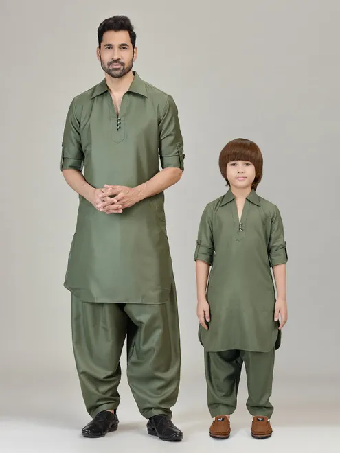Olive green plan cotton silk pathani kurta suit
