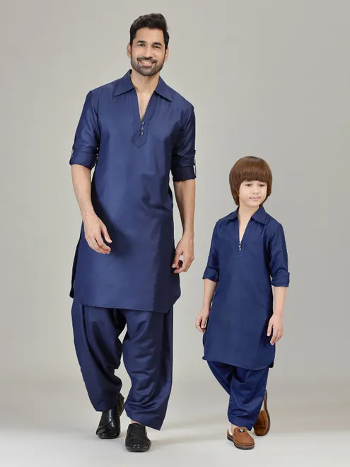 Navy plian pathani kurta suit in cotton silk