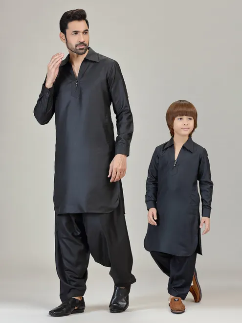 Classic black cotton blend pathani suit with pocket