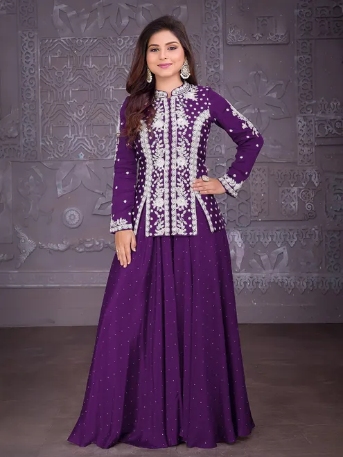 Purple silk palazzo suit with sequins, beads, and cutdana elegance