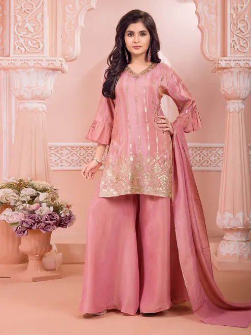 Onion pink silk embroidered work palazzo suit