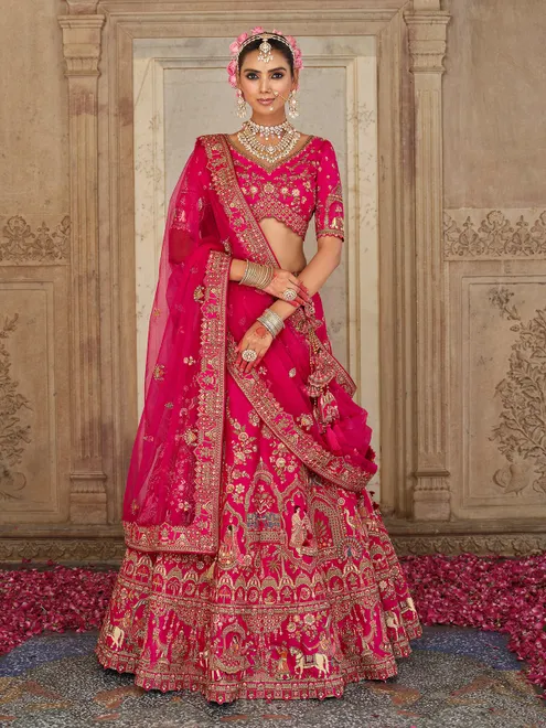 Magenta bridal silk lehenga choli with resham and sequins detailing